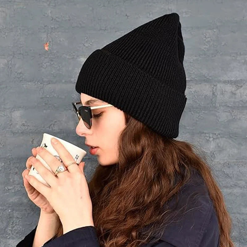 Double-layer knitted hat with fleece lining, solid color acrylic thickened cold hat, women's beanie hat for warmth Oasis Select