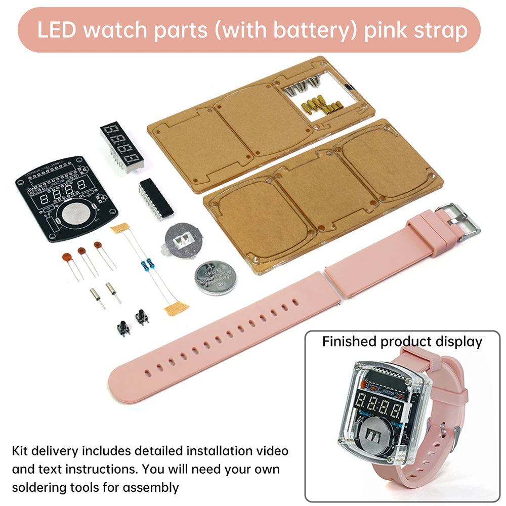 LED DIY Electronic Watch Kit Digital Tube Clock Accessories Soldering Assembly Electronic Silicone Watch Oasis Select Pink 1
