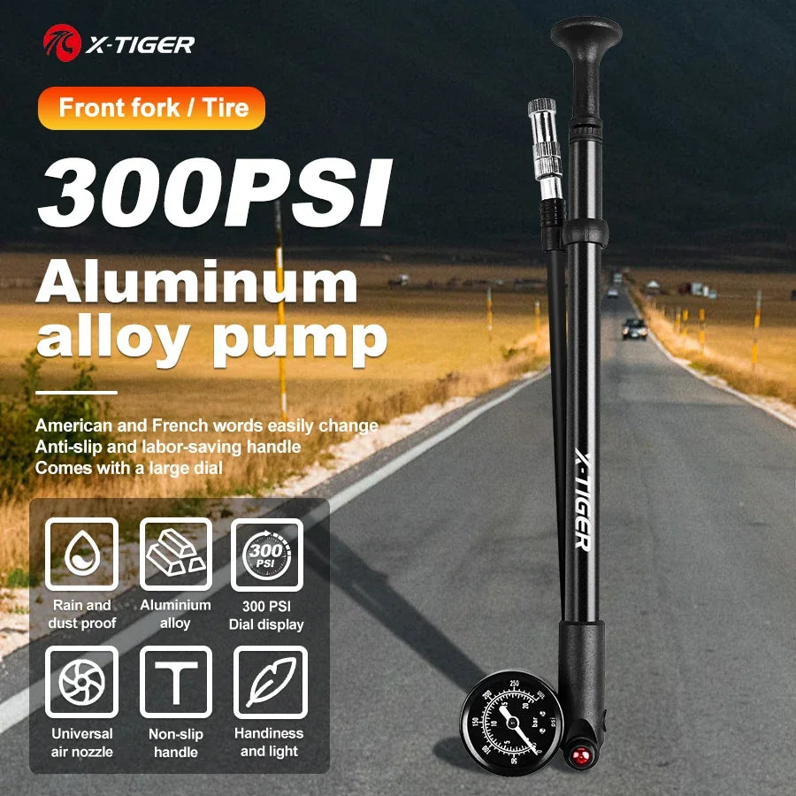 X-TIGER 300psi High Pressure Bicycle Pump with Pressure Gauge Portable Tire Inflator Mountain AV/FV General Bike Pump Oasis Select