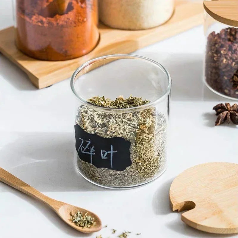 Kitchen Glass Condiment Jars Set Clear Spice Salt Container with Tray Coffee Beans Organizer Bottle Dust-Proof Seasoning Bottle Oasis Select