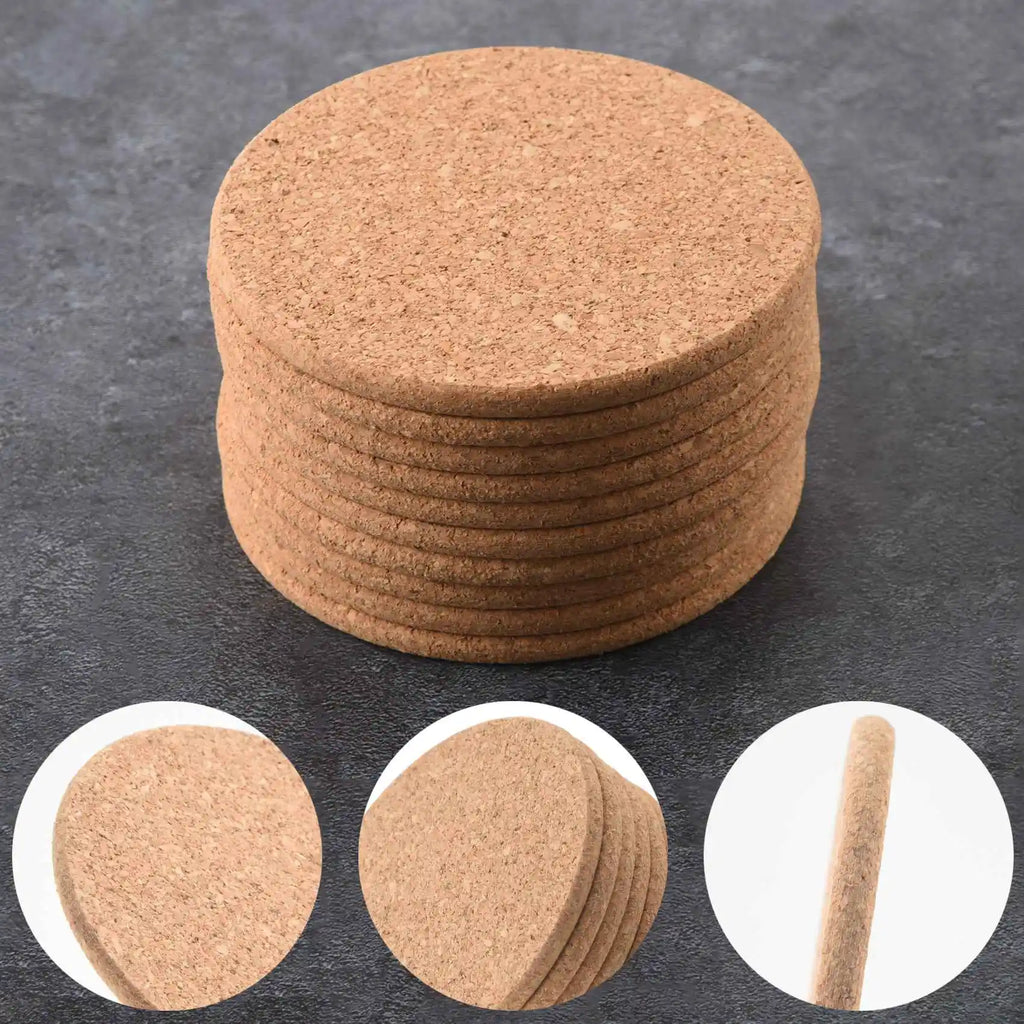 Set of 10 Cork Bar Drink Coasters - Absorbent and Reusable - 90mm, 5mm Thick Oasis Select