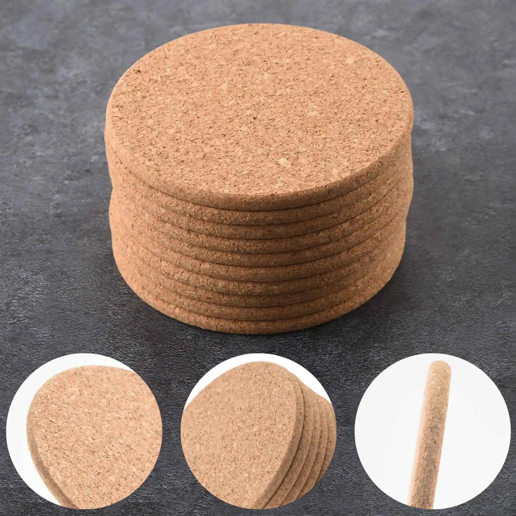 Set of 10 Cork Bar Drink Coasters - Absorbent and Reusable - 90mm, 5mm Thick Oasis Select