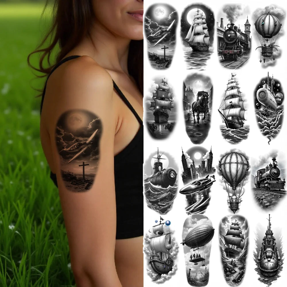 12pcs Waterproof Temporary Tattoo Stickers – Sailboat & Cityscape
