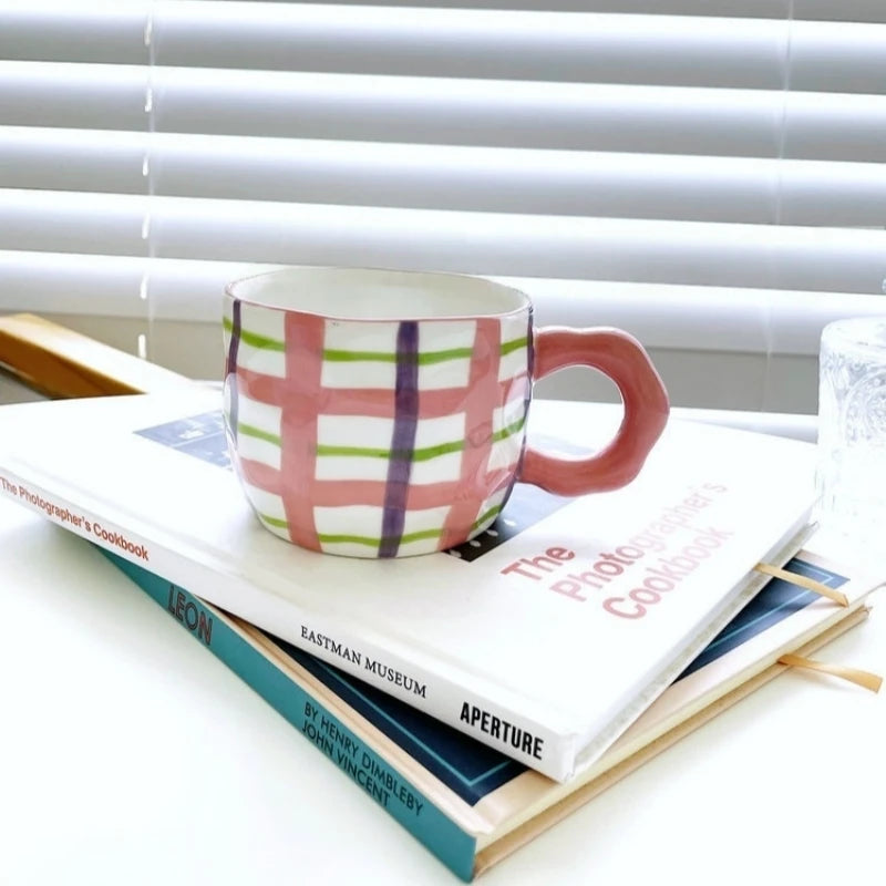 Ceramic Mug Espresso Coffee Cup Hand Drawing Underglaze Color Small Flower Rainbow Grid Ceramic Mug Breakfast Milk Tea Cups Oasis Select Plaid 301-400ml