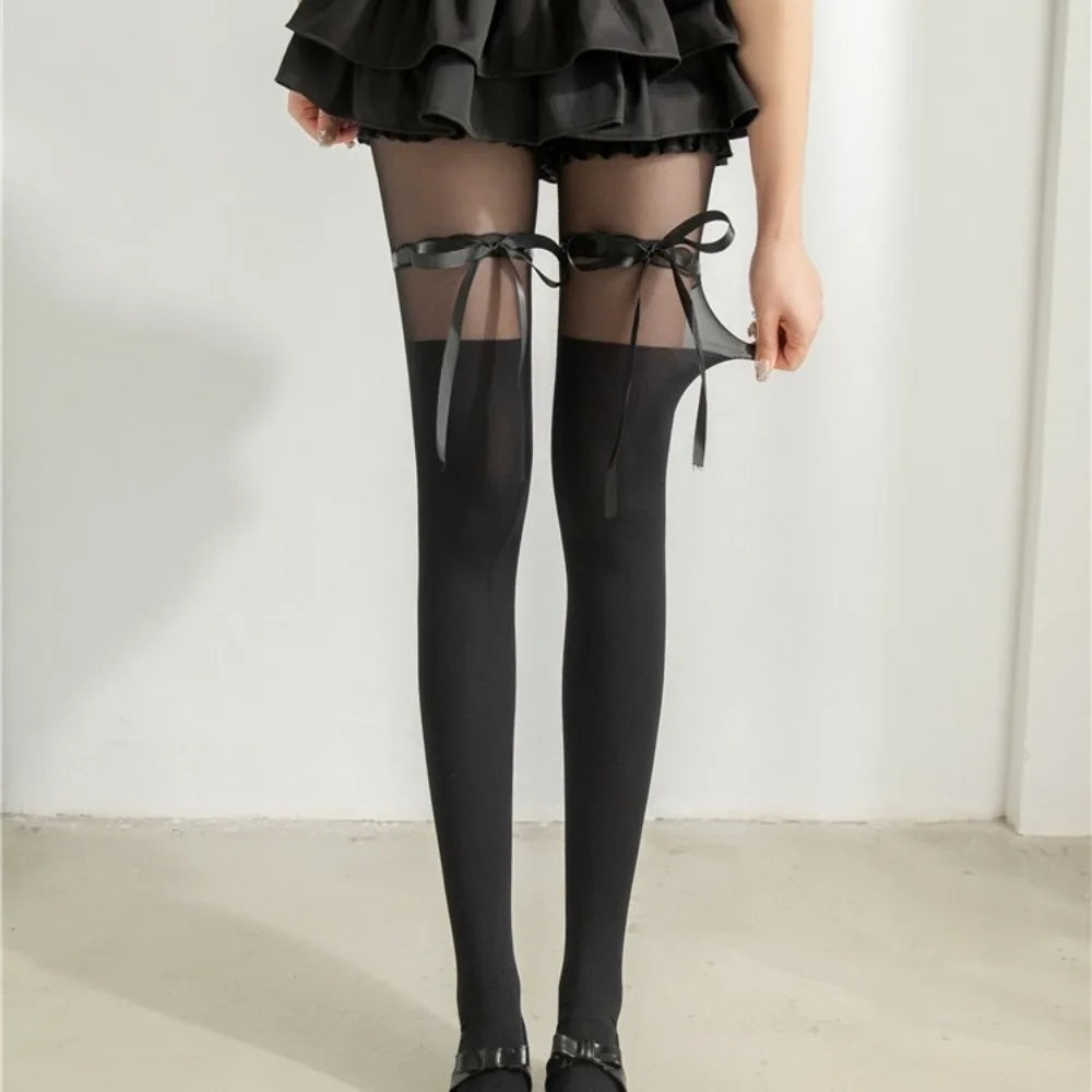 Fashion Polyester Bowknot Pantyhose Bowknot Thin Tights Stock High Waist Hollow Out Long Stocking Women Oasis Select