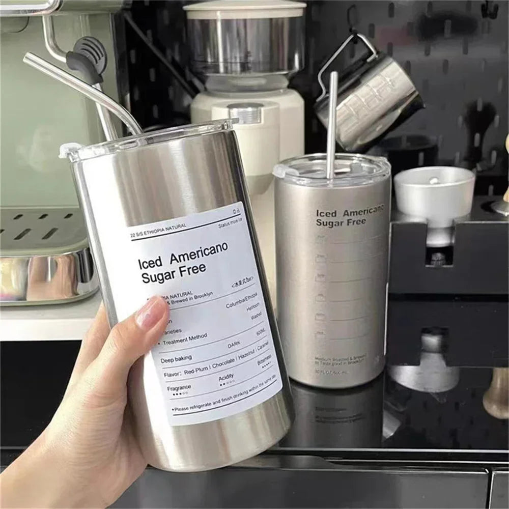 Portable 600ml Thermos Cup 304 Stainless Steel Coffee Mug Thermal Leak-proof Water Bottle with Straw Insulated Bottle Drinkware Oasis Select