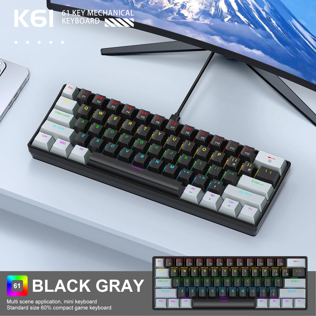 APAYADO K61 Mini Mechanical Keyboard,Wired,61 Keys,Phantom RGB, Black/White Red/Blue Mechanical Switch for Gaming,60% Portable Oasis Select K61-Black-Gray Red Switch