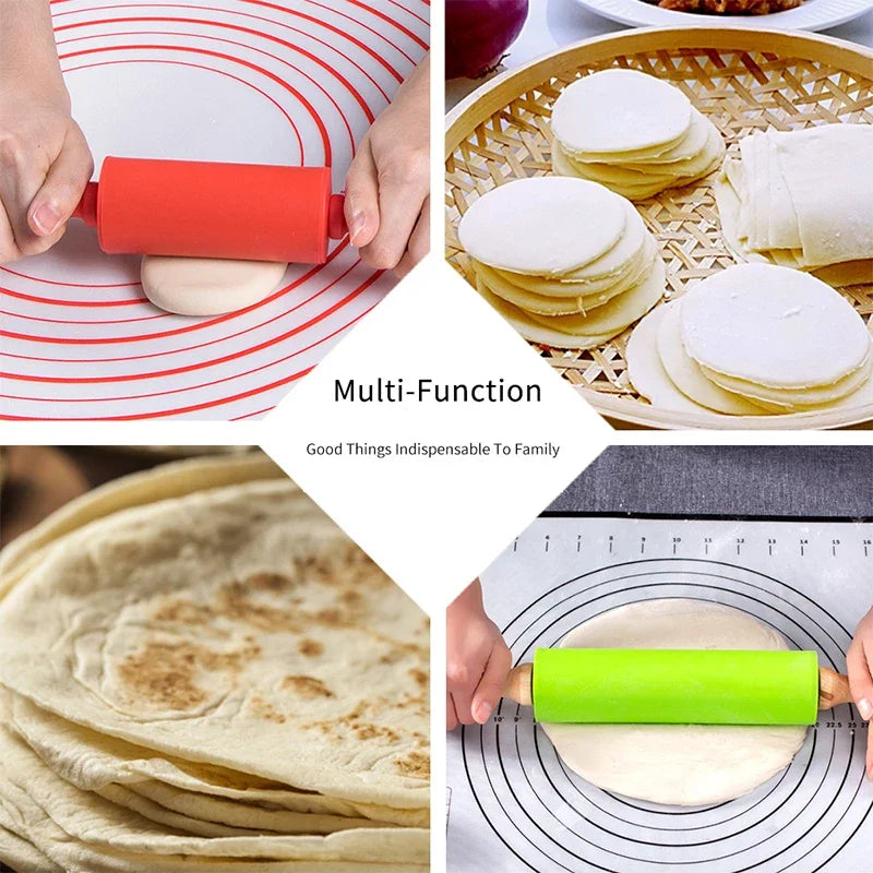Non-Stick Silicone Rolling Pin Wooden Handle Pastry Dough Flour Roller Kitchen Cooking Baking Tool For Pasta Cookie Dough Oasis Select