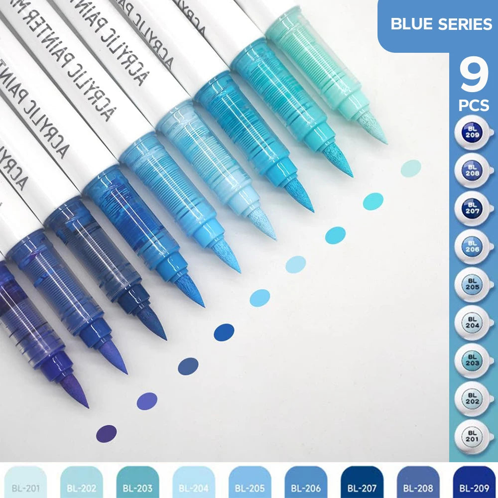 9pcs/set Acrylic Brush Markers Set -Pro Art Markers with Ink Control for Painting Drawing Sketching Art Supplies Highlighter Pen Oasis Select Blue Series