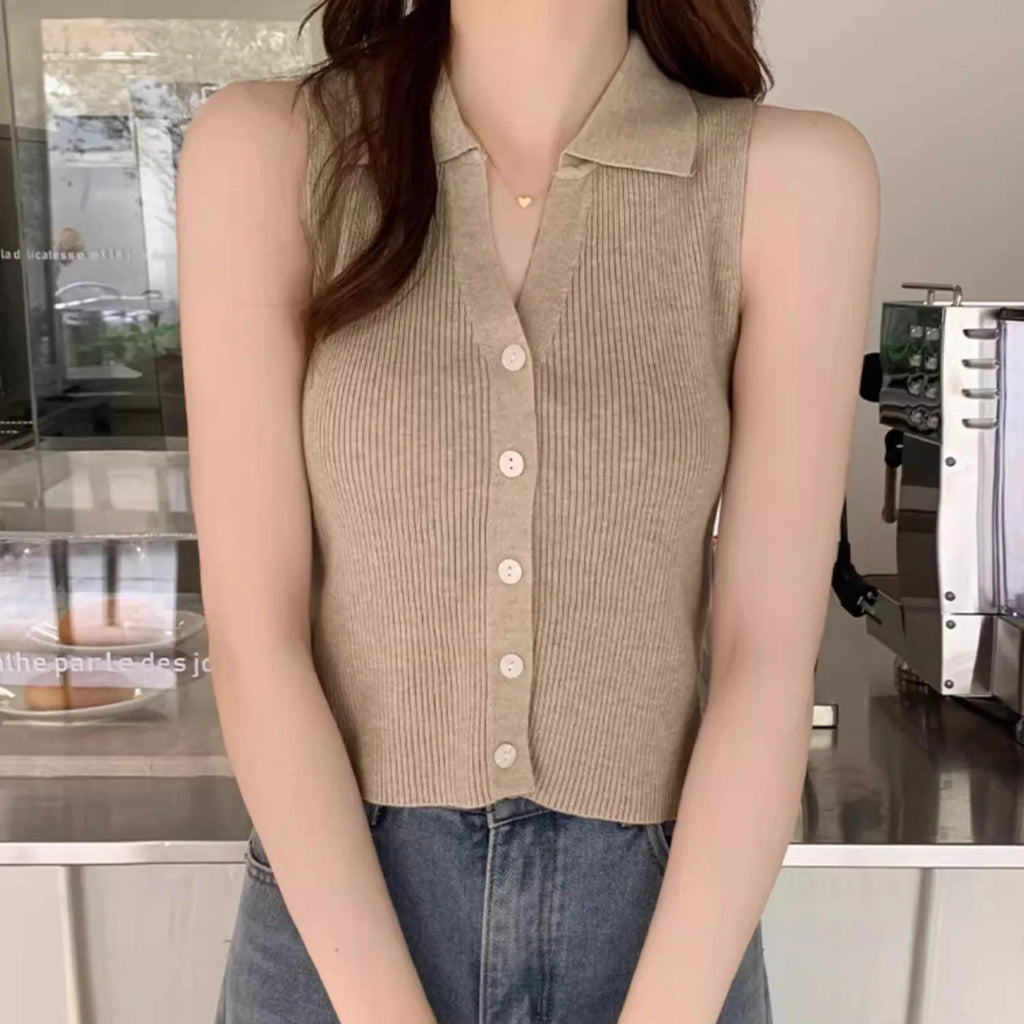 Lapel Ice Silk Slim Fit Vest for Women Summer Early Fall Thin Knit Tank Top Sleeveless Short Sleeve Casual Layering Outwear Oasis Select