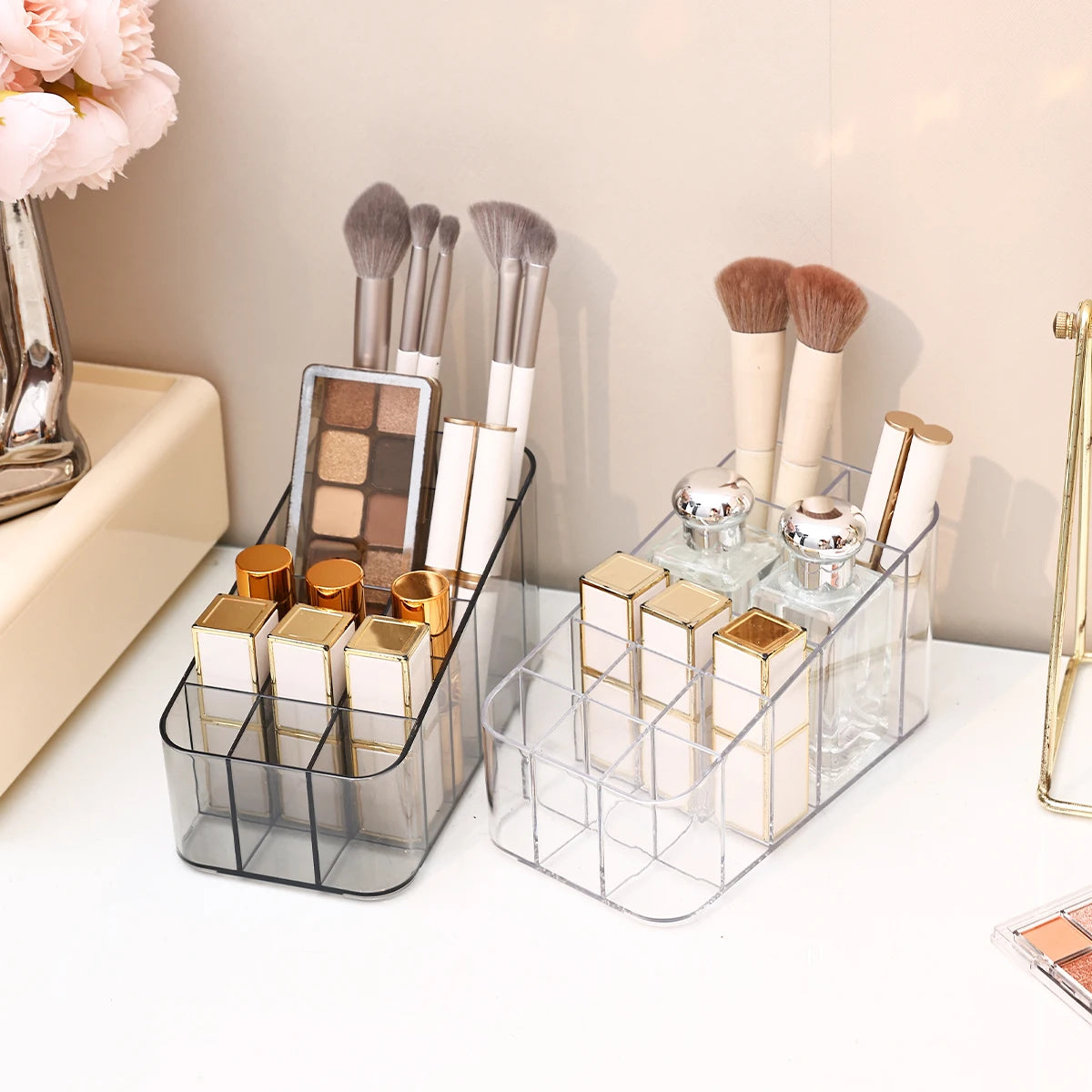 1pc Transparent/Transparent Black Cosmetics Storage Rack Multi Grid Makeup Brush Lipstick Makeup Brush Storage Box Oasis Select