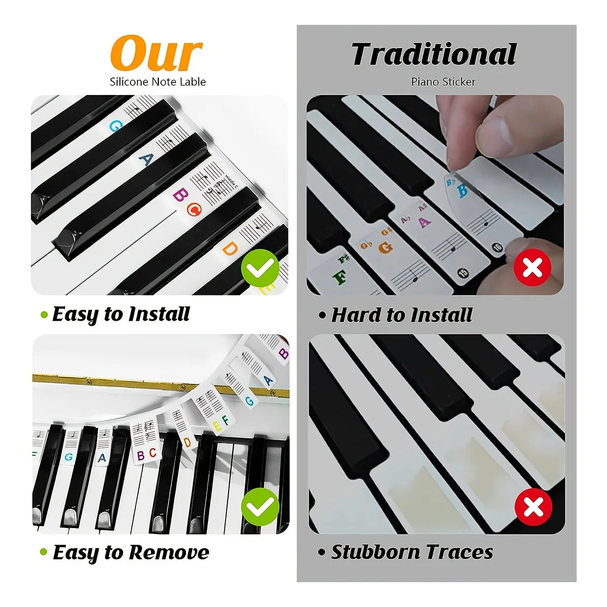 Piano Keyboard Note Labels Removable -88Key Full Size Silicone Piano Key Stickers Guide for Beginners Reusable Comes Oasis Select