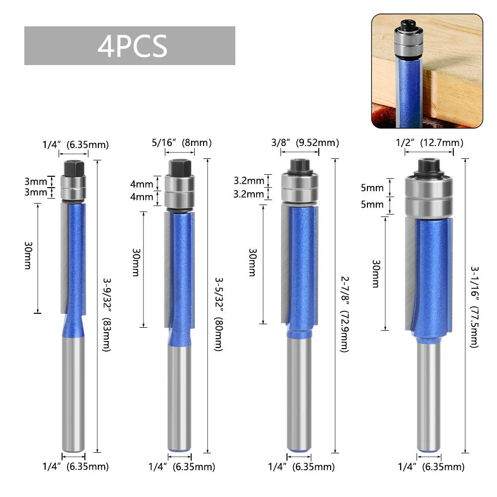 Sparkling Silver-Blue Double Bearing Flush Trim Router Bit 1/4" Shank Dual Cutting Blades for Woodwork Tool Electric Accessories Oasis Select 4Pcs