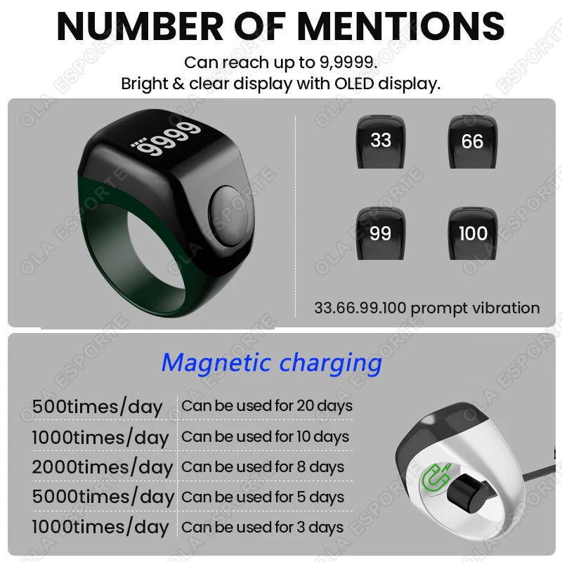 Smart Bluetooth Zikr Tasbih Ring Counter – LCD & Vibration Alert