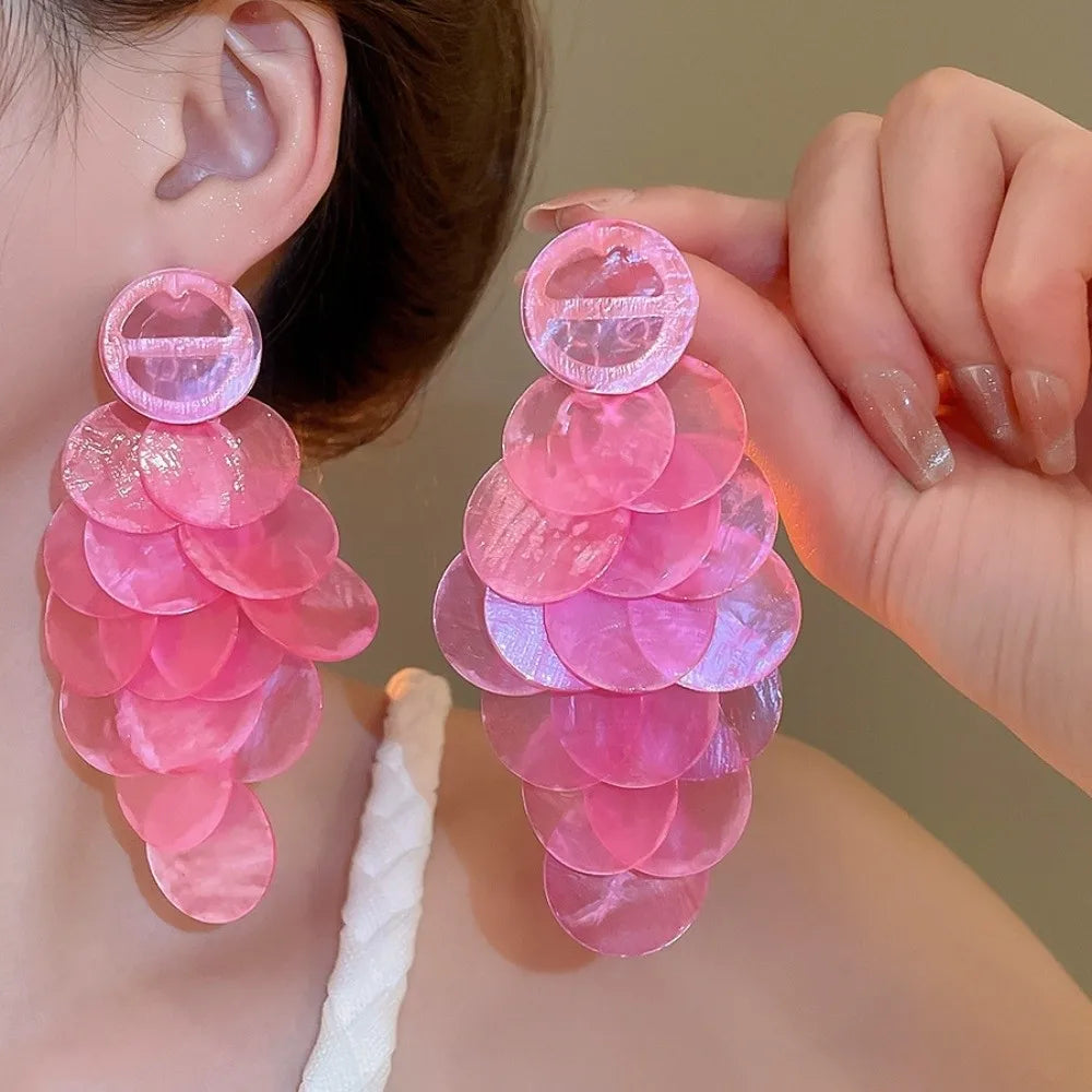 Round Shell Shell Tassel Earrings Beach Style Transparent Vintage Exaggerated Shell Disc Earrings Drop Earrings Oasis Select Pink
