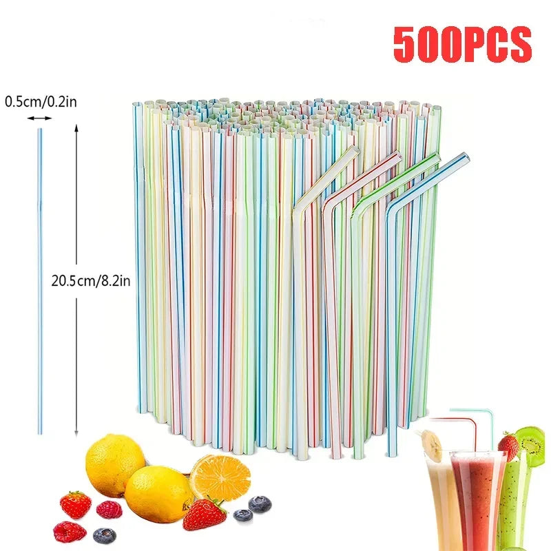 Disposable Plastic Curved Drinking Straws Reusable Child Straw for Drinks Colorful Drinking Tube Multi-time Straw Party Supplies Oasis Select 500PCS-Stripe