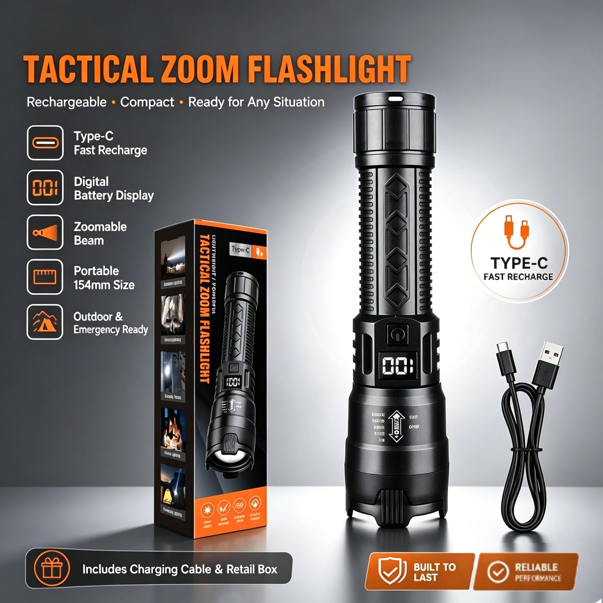 High Power LED Flashlight with Battery Display USB Rechargeable Light Telescopic Zoom Torch Lamp Outdoor Camping Fishing Lantern Oasis Select