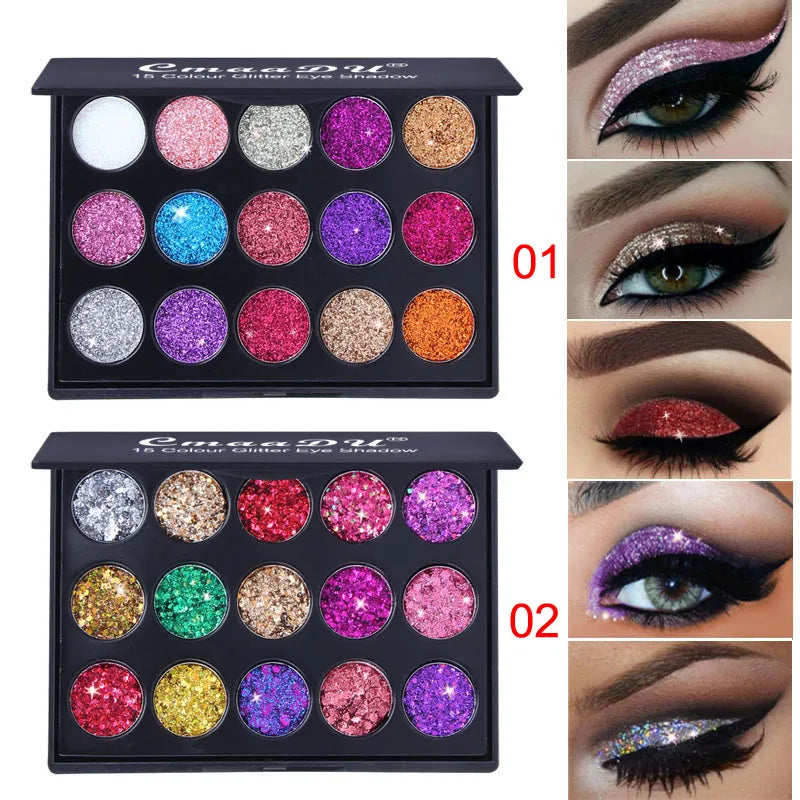CmaaDu 15 Colors Gold Scallion Powder Diamond Glitter Eyeshadow Tray Shimmering Dazzling Universal Waterproof Easy to Color Oasis Select