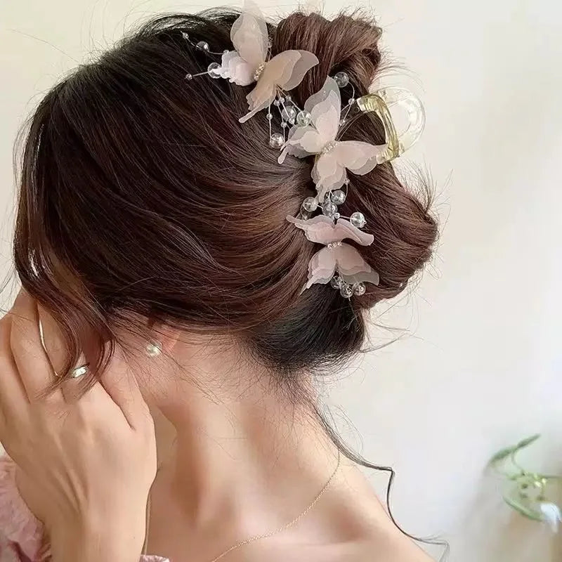 Light Blue/Pink Sheer Butterfly Claw Clip | Pearl Rhinestone Fairycore Hair Grabber | Elegant Romantic Hair Accessory Oasis Select A