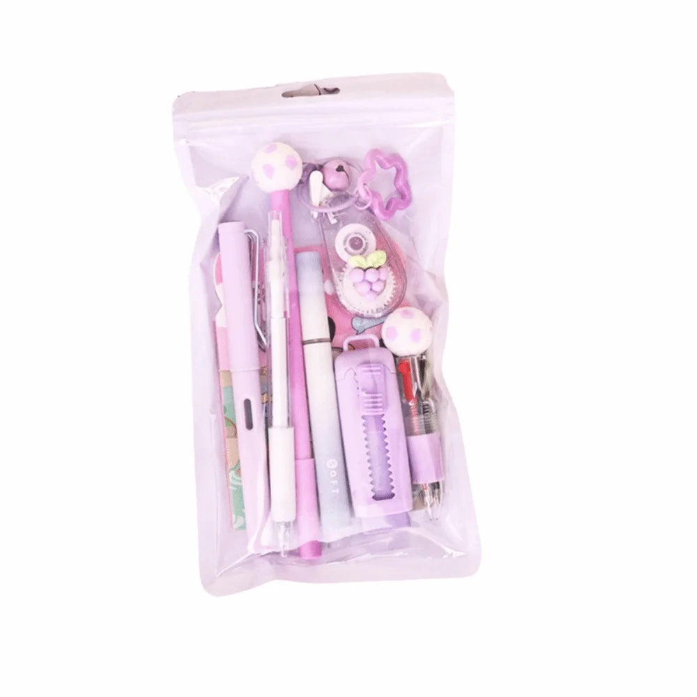 Cartoon School Stationery Set 6 Color Pens Stick Note Cartoon Stationery Set Book Ballpoint Pen Student Tools Gift Kit Oasis Select Purple