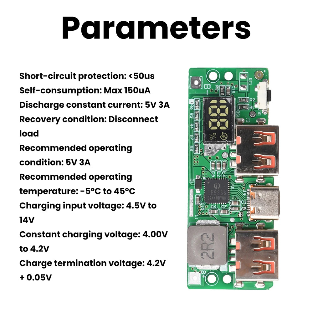 5V 3A Lithium Battery Digital Display Fast Charging Module IP5356 TYPE-C Micro USB QC3.0 2.0 PD3.0 PD2.0/AFC/FCP Oasis Select Default Title