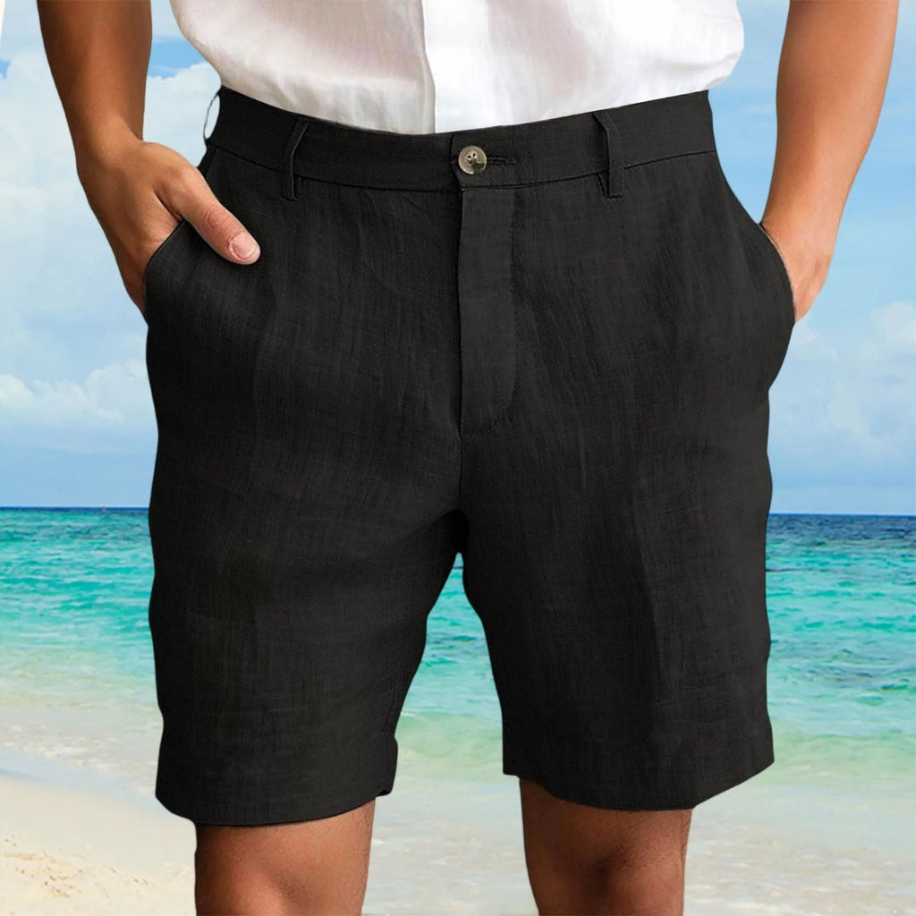 Summer Cotton Linen Shorts for Men Solid Casual Button Pocket Beach Shorts Men's Comfortable Simple Vacation Leiture Pants Oasis Select Black XL