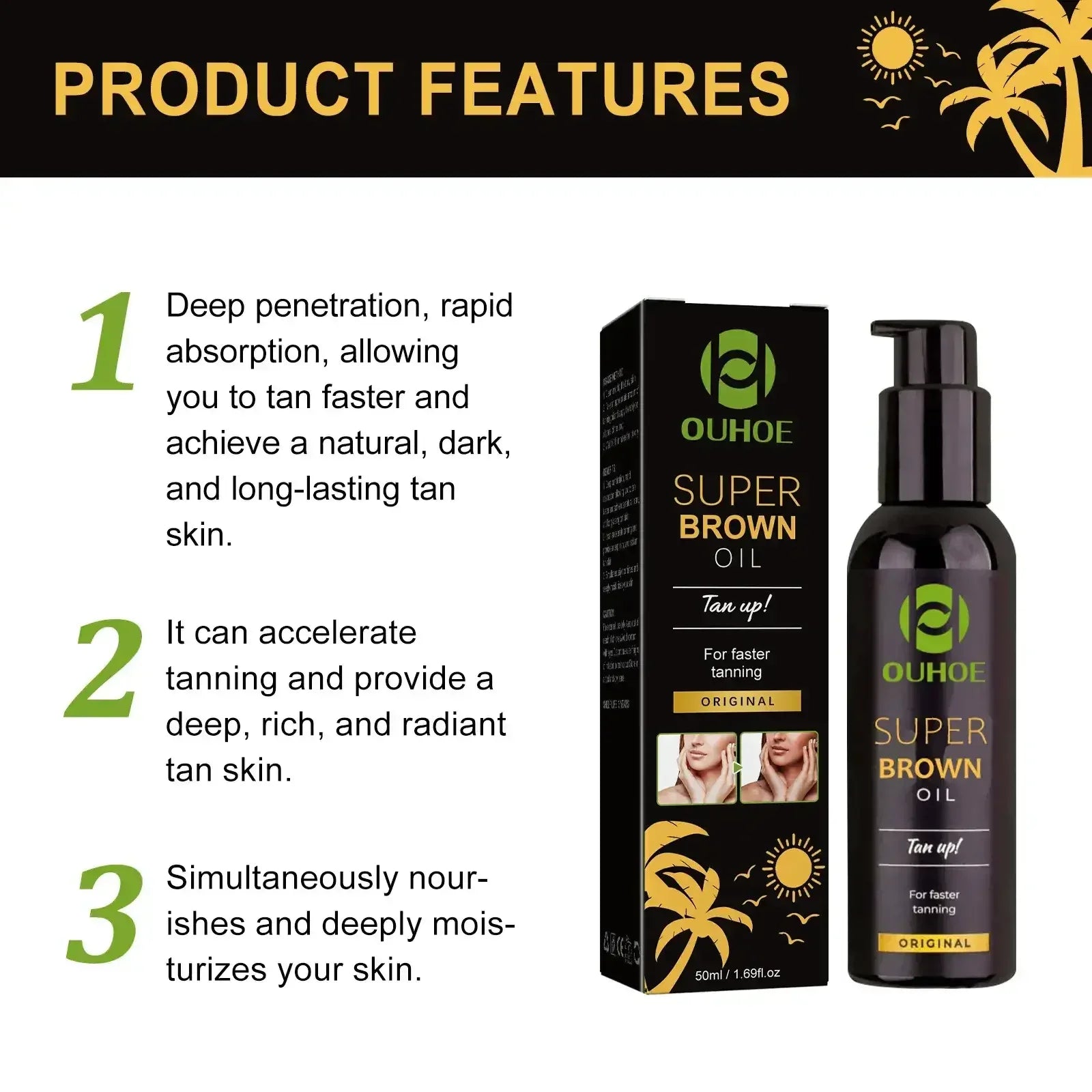 Brown Tanning Oil Sunless Self Tanning Body Bronzer Nourishing Summer Beach Solarium Powerful Natural Tanning Boosting Oil Oasis Select