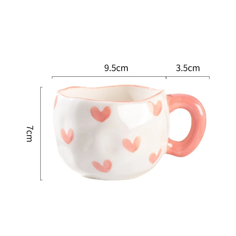 300ML Ceramic Mug Flower Heart Pattern Cute Hand Pinched Irregular Creative Style Coffee Cup Breakfast Milk Afternoon Tea Cups Oasis Select Pink-hear 300ml