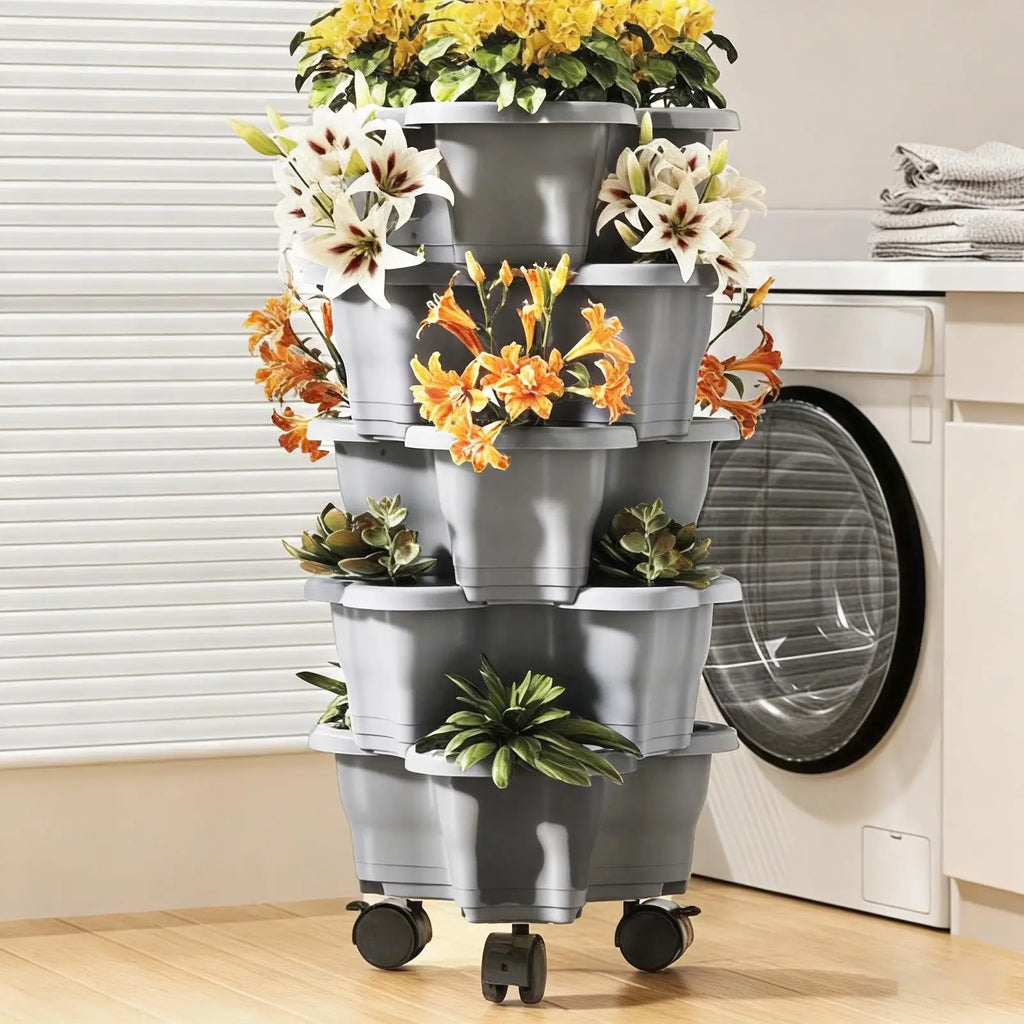 6 Tier Vertical Tower Stackable FlowerPot Multi-layer Plastic Flower Pot with Movable Casters Strawberry Planter Tower Home Gard Oasis Select