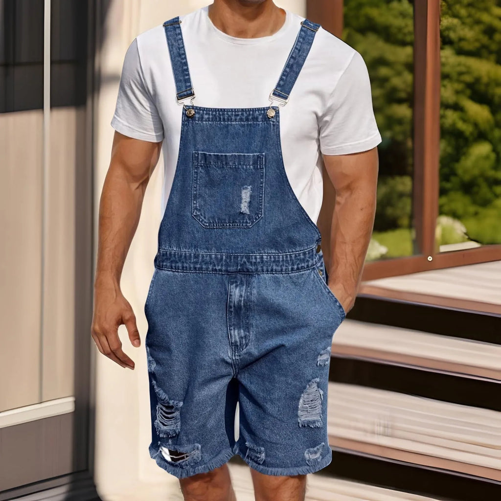 Summer Men's Vintage Jeans Overalls Elastic Denim Jumpsuit With Pockets Men Casual Button Suspenders Short Pants Oasis Select Dark Blue XL