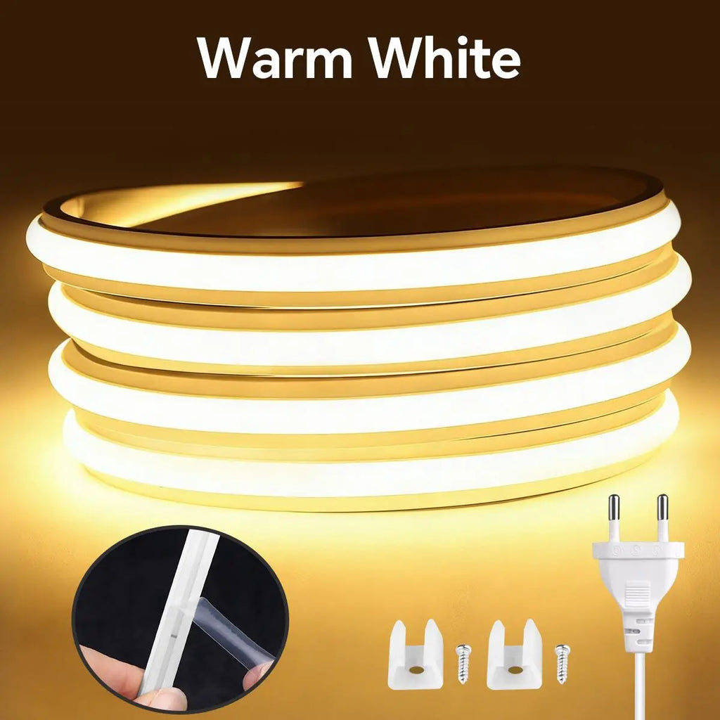 Fireproof Genuine Silicone COB Neon Strip Light 220V Swtich Control Super Bright 280leds/m Cabinet Garden Ambinet Backlight Oasis Select Warm White 220V EU Power Plug 10m