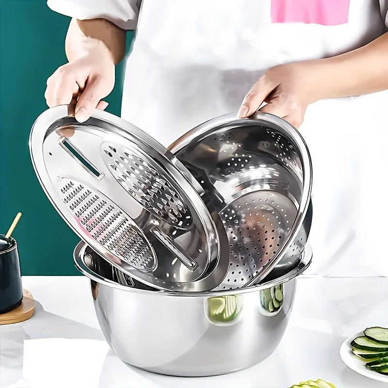 3-Piece Stainless Steel Multifunctional Strainer, and Mixing Bowl for Washing and Slicing Fruits, Vegetables Oasis Select