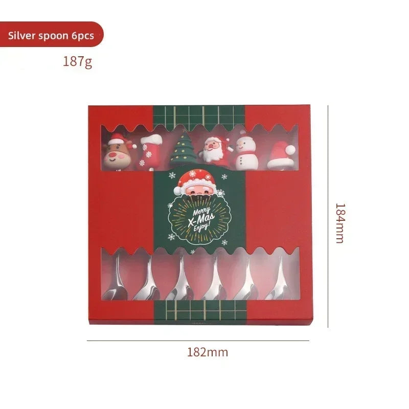 4/6PCS Coffee Spoons and Forks Set Creative Stainless Steel Fruit Fork Coffee Spoon Christmas Gifts for Kids Red/Green Gift Box Oasis Select Silver spoon 6pcs