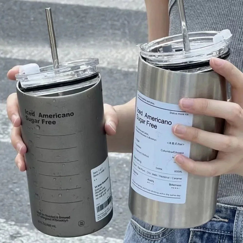 600ml Vacuum Insulated Coffee Mug – Stainless Steel with Straw