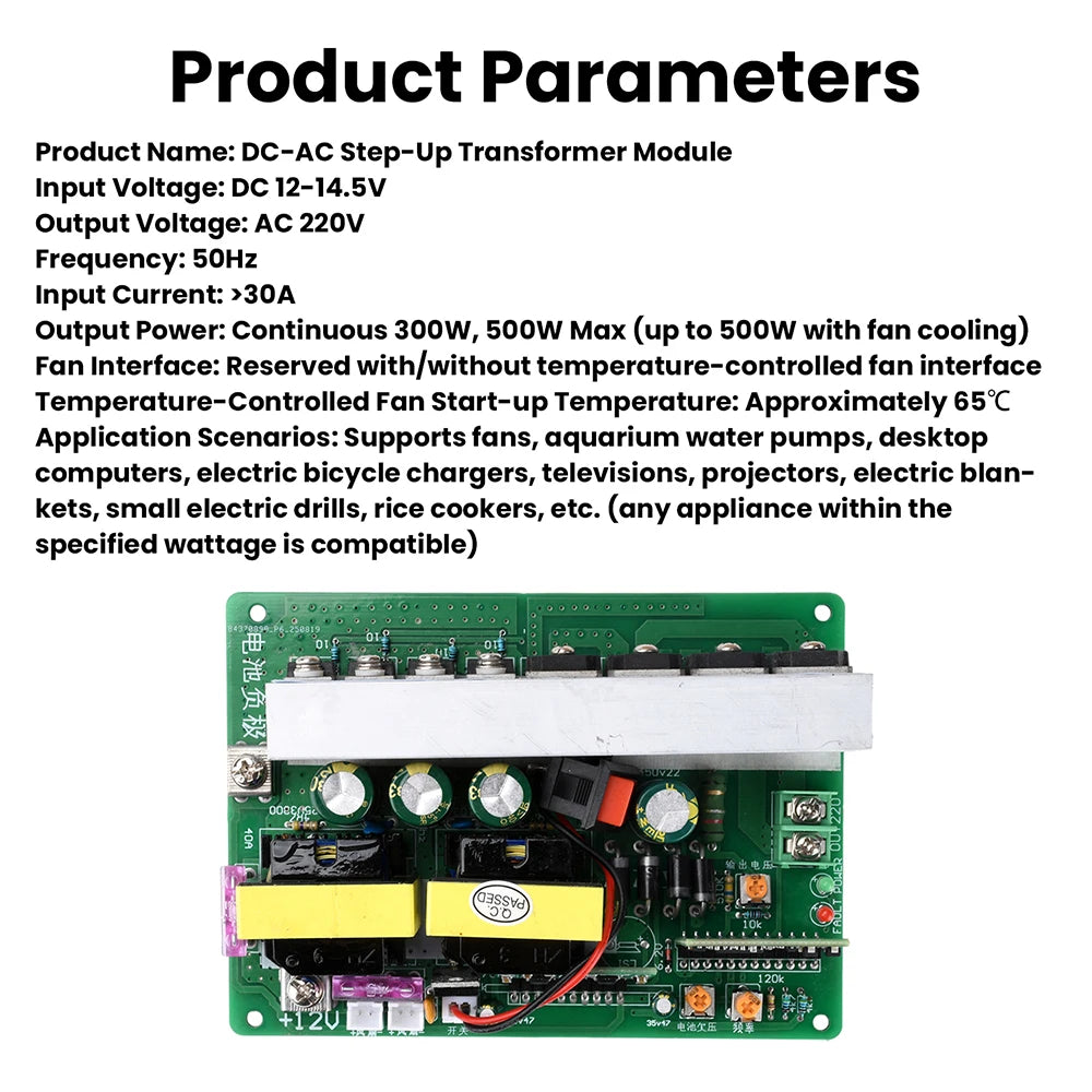 High-Power 500W DC 12-14.5V to AC 220V Inverter Module with Switch and Fan Interface DC-AC Step-Up Module Oasis Select