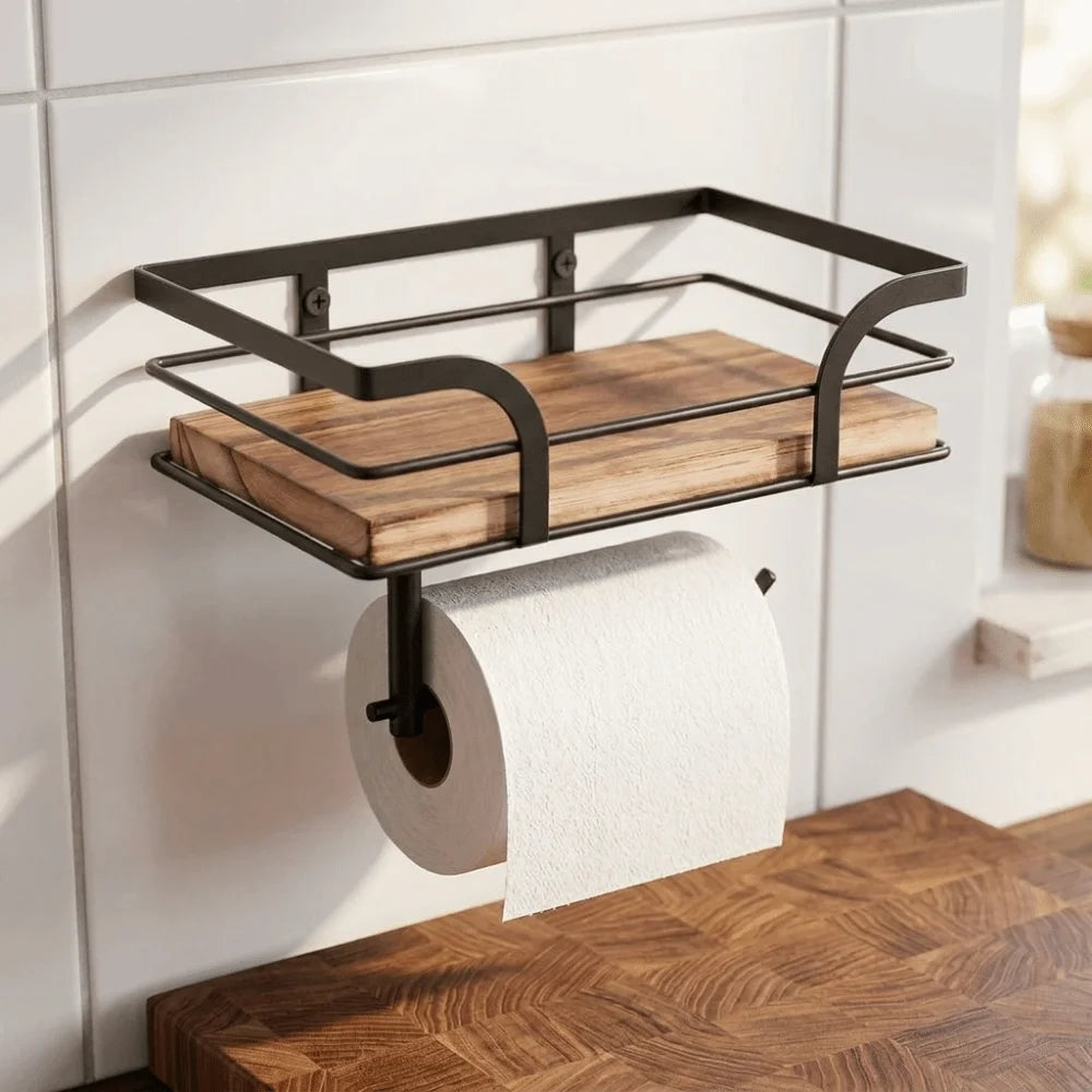 Rustic Wood & Iron Wall-Mounted Toilet Paper Holder with Shelf
