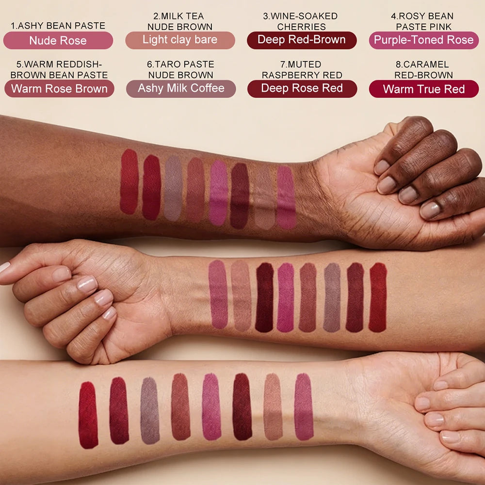 DUNUF 8Pcs Matte Liquid Lipstick Set - Long Lasting Waterproof Non-Stick Nude Red Tint Lip Glaze Kit Oasis Select