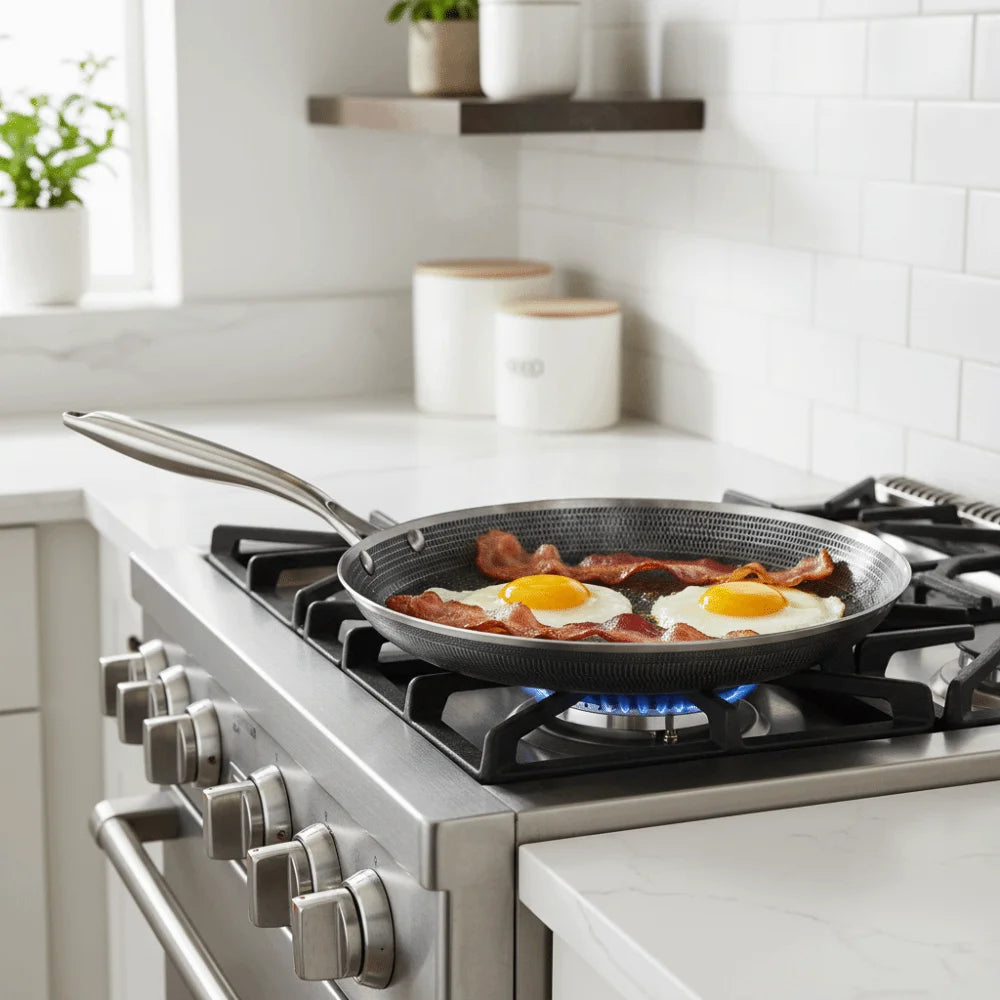 Universal Honeycomb Pattern Crepe Pan Ergonomic Handle Stainless Steel Pancake Pan Evenly Heated Flat-bottomed Frying Pan Stove Oasis Select