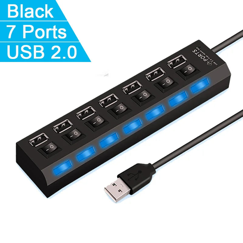 High Speed 4/7 Ports USB HUB 2.0 Adapter Expander Multi USB Splitter Multiple Extender with LED Lamp Switch for PC Laptop Oasis Select 7 Ports Black