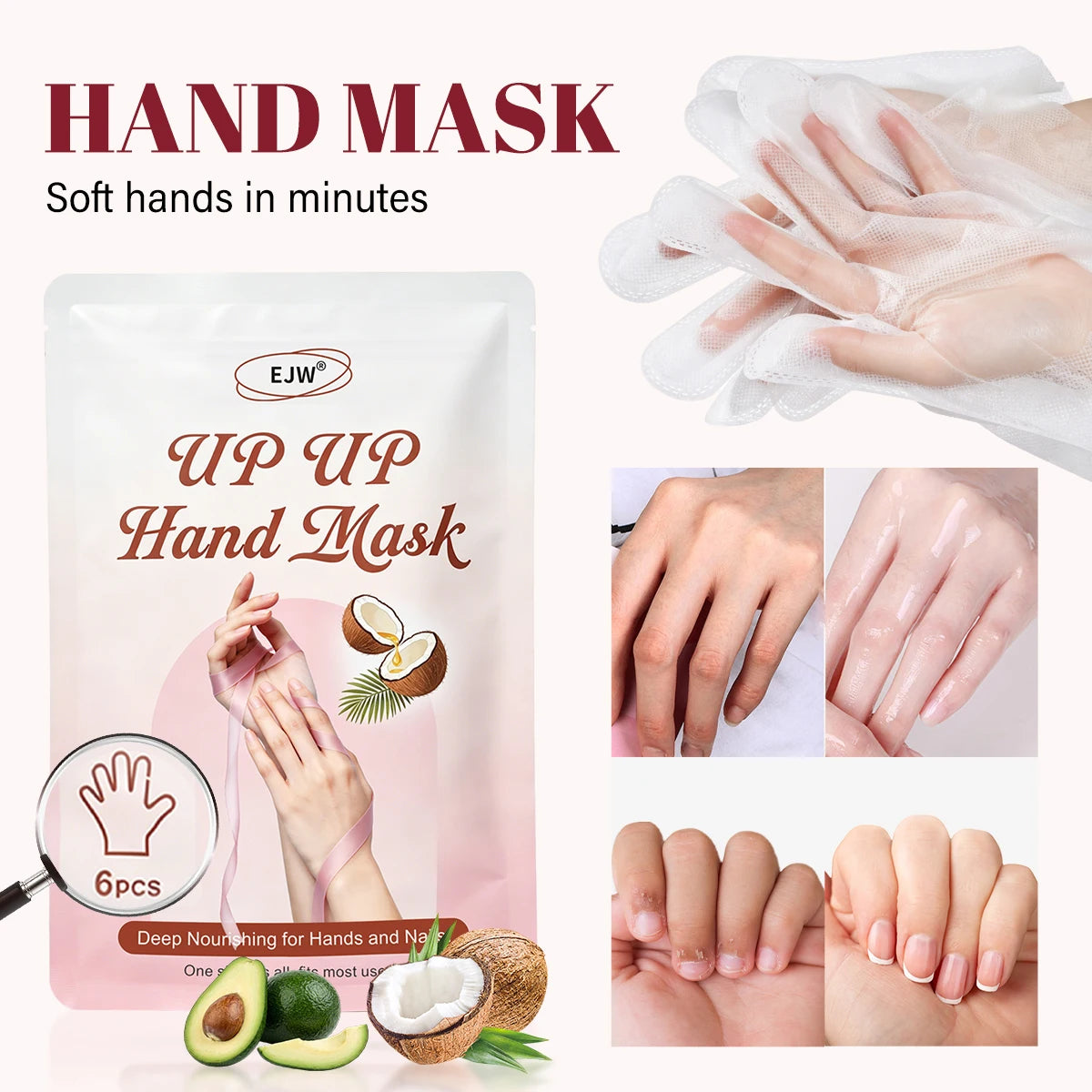 UP UP Hand Mask 6Pcs – Soften with Coconut Oil & Milk Extract, Deep Moisturizing Gloves for Dry, Rough Skin, Self Care Spa Kit Oasis Select