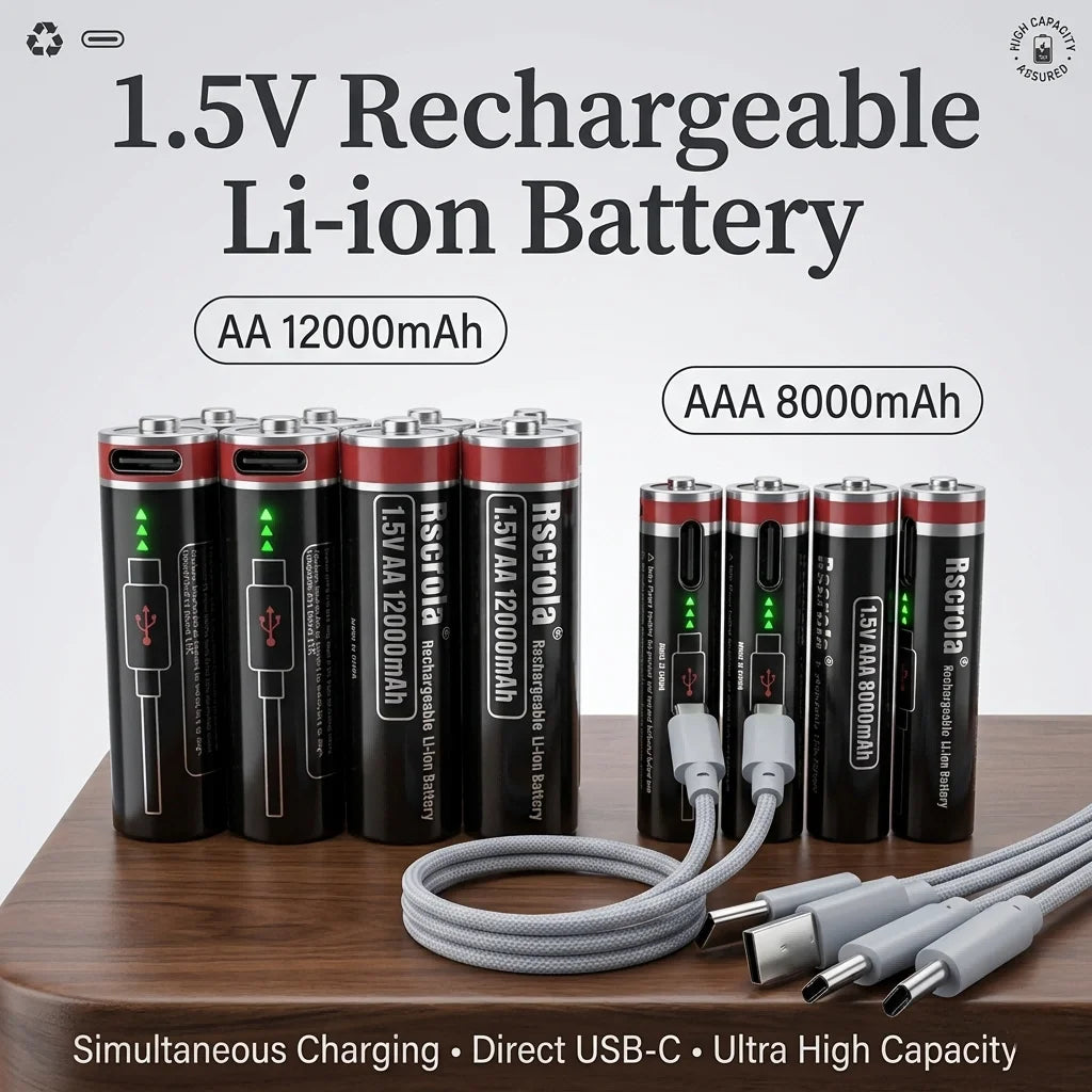 1.5V Li-ion Type-C Rechargeable AA Battery 12000mAh /AAA Battery 8000mAh High Capacity, for Camera/ Mouse/Xbox Controller/Toys Oasis Select