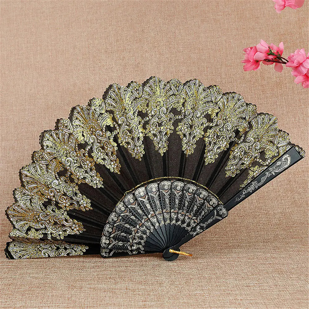 Chinese Style Folding Dance Fans Wedding Party Lace Silk Hand Held Flower Fan Vintage Lace Hand Held Fan Women Girl Photo Prop Oasis Select Black