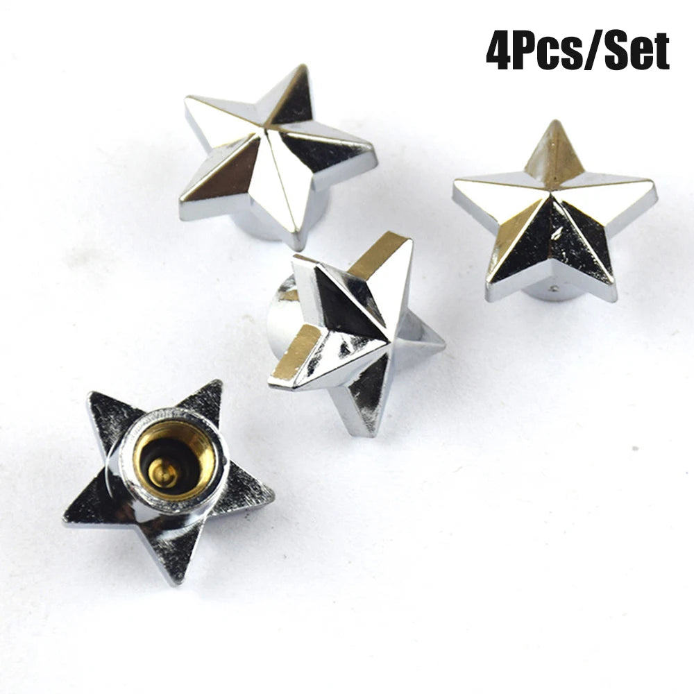 AQTQAQ 4Pcs/Set Tire Stem Valve Caps Universal Pentagram Shaped Wheel Tyre Air Valve Stem Caps Dust Covers Oasis Select Silver