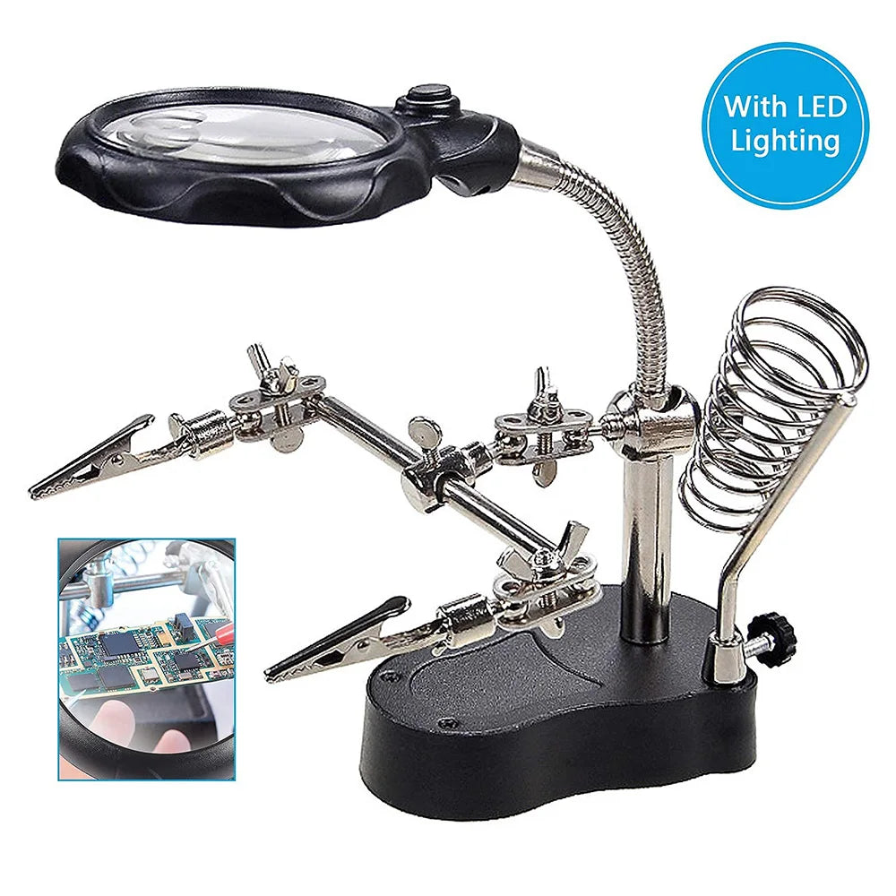 3.5X 12X Helping Hands Third Hand Soldering Iron Welding Stand Station with 2 LED Clip Welding Magnifier Magnifying Glass Oasis Select