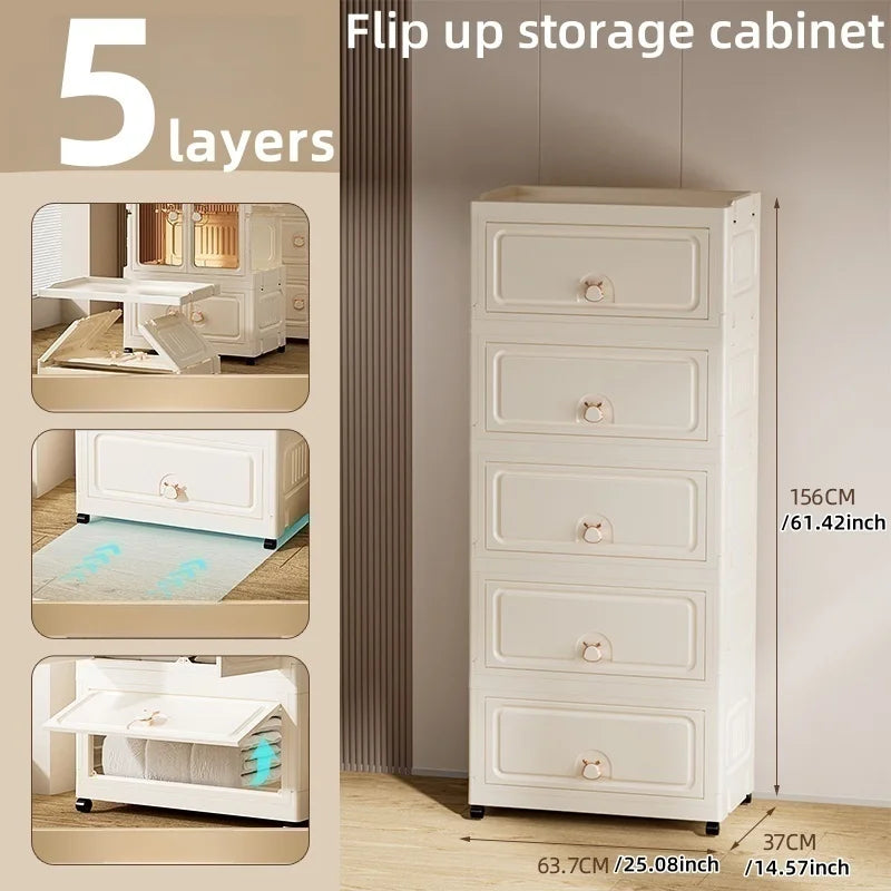 Foldable Storage Cabinet,Multi-Tier Heavy-Duty Organizer with Single/Double Door Design,Rolling Wheels for Living Room/Bedroom Oasis Select 1door 5 Layers