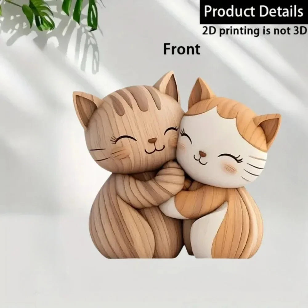 2D Flat Cat Wooden Kitten Dog Couple Sculpture Rabbit Enthusiast Gift Light and Dark Wood Grain Desktop Home Decoration New Oasis Select