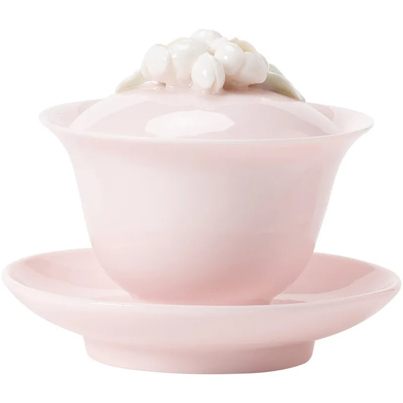 Peach Pink Pinch Flower Sancai Gaiwan Tea Cup Single High-end Handmade Household Ceramic Kung Fu Tea Set Tea Bowl Large Size Oasis Select