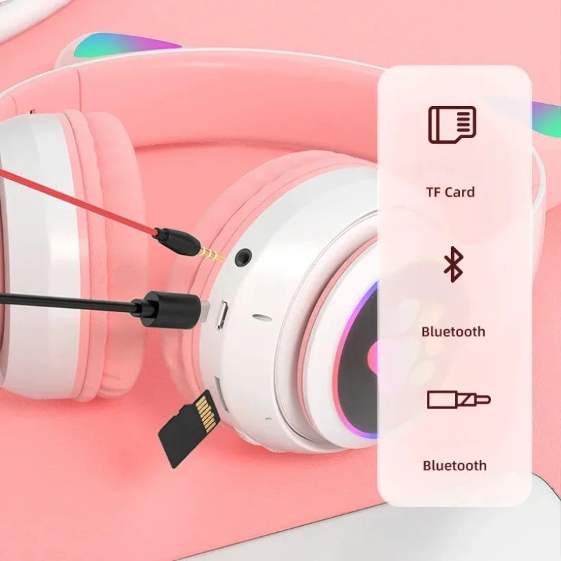 Bluetooth 5.0 Stereo With Mic Flash Lamp Cute Cat Ears Headphone Support TF Card Wireless Kids Girl Earphone Birthday Gift Oasis Select
