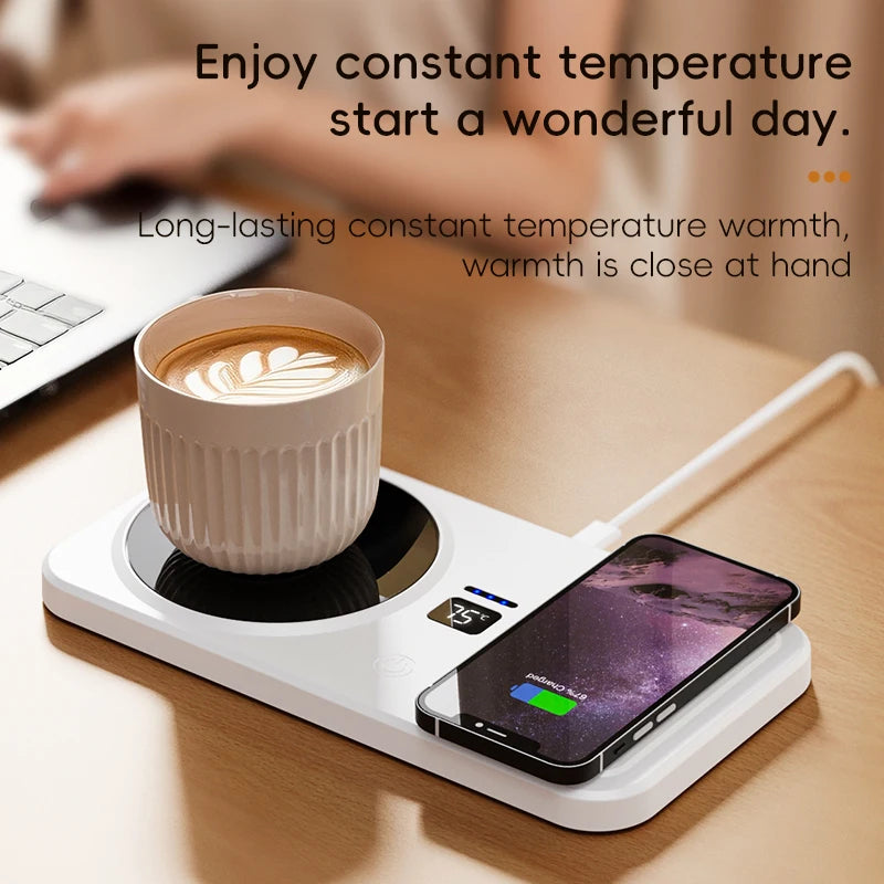 2-in-1 Wireless Charger & Heated Cup Mat – 3 Temp Settings