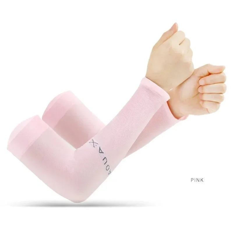 Summer Ice Silk Long Sleeves Anti-Sunburn Arm Cover Men Women Cuff New Cool Hand Sleeves Anti-UV Cycling Arm Sleeve Fingerless Oasis Select pink-A